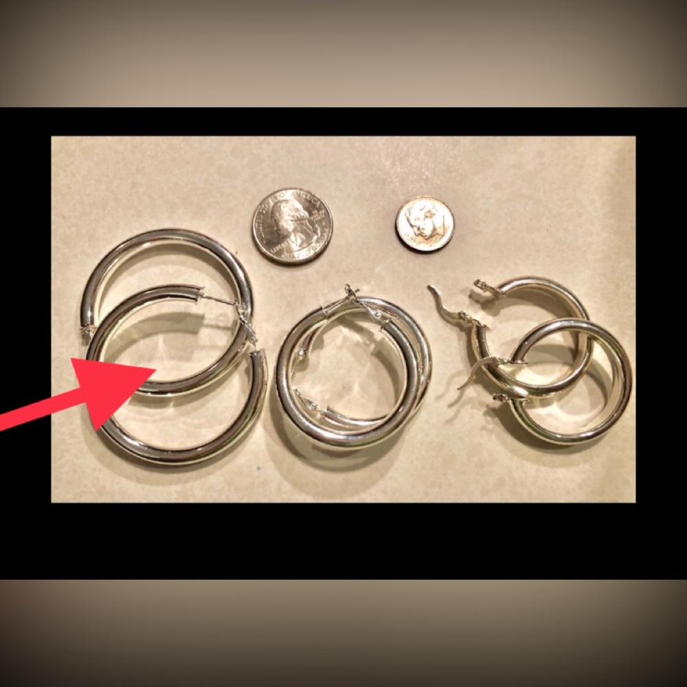925 Sterling Silver thick round large 2β basic hoop earrings - Picture 4 of 5